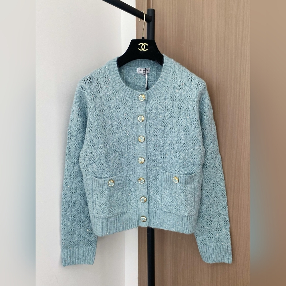 Chanel hollowed out round neck cardigan sweater